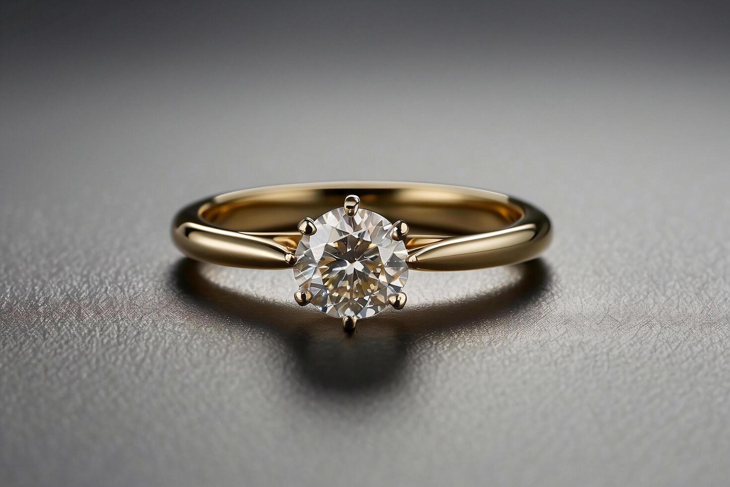 an elegant diamond engagement ring with a prominent solitaire, set on a slender gold band. The textured grey background adds a touch of sophistication photo