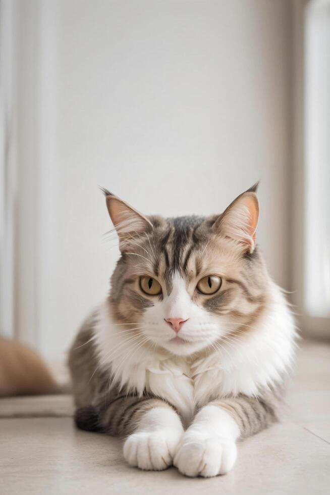 A cat sits against a plain background photo