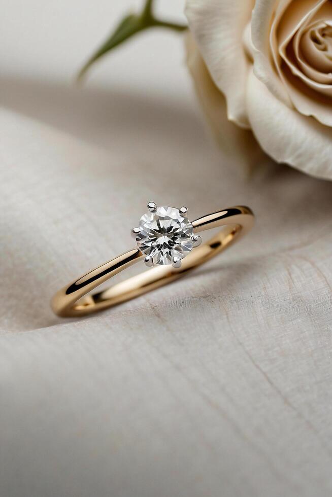 an elegant diamond engagement ring with a prominent solitaire, set on a slender gold band. The textured grey background adds a touch of sophistication photo