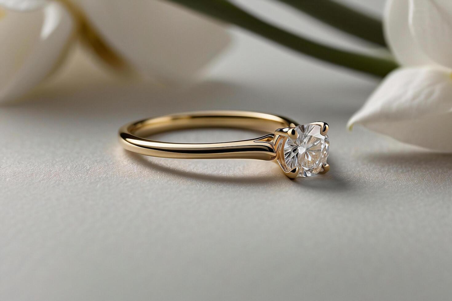 an elegant diamond engagement ring with a prominent solitaire, set on a slender gold band. The textured grey background adds a touch of sophistication photo