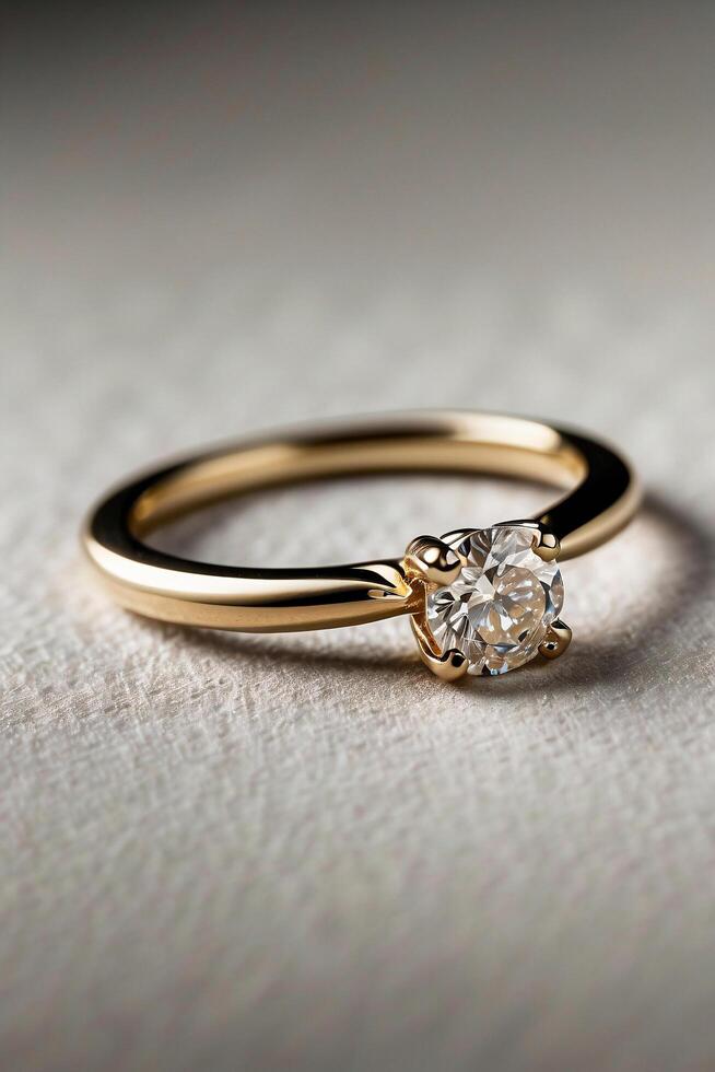 an elegant diamond engagement ring with a prominent solitaire, set on a slender gold band. The textured grey background adds a touch of sophistication photo
