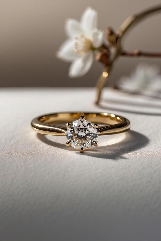 an elegant diamond engagement ring with a prominent solitaire, set on a slender gold band. The textured grey background adds a touch of sophistication photo