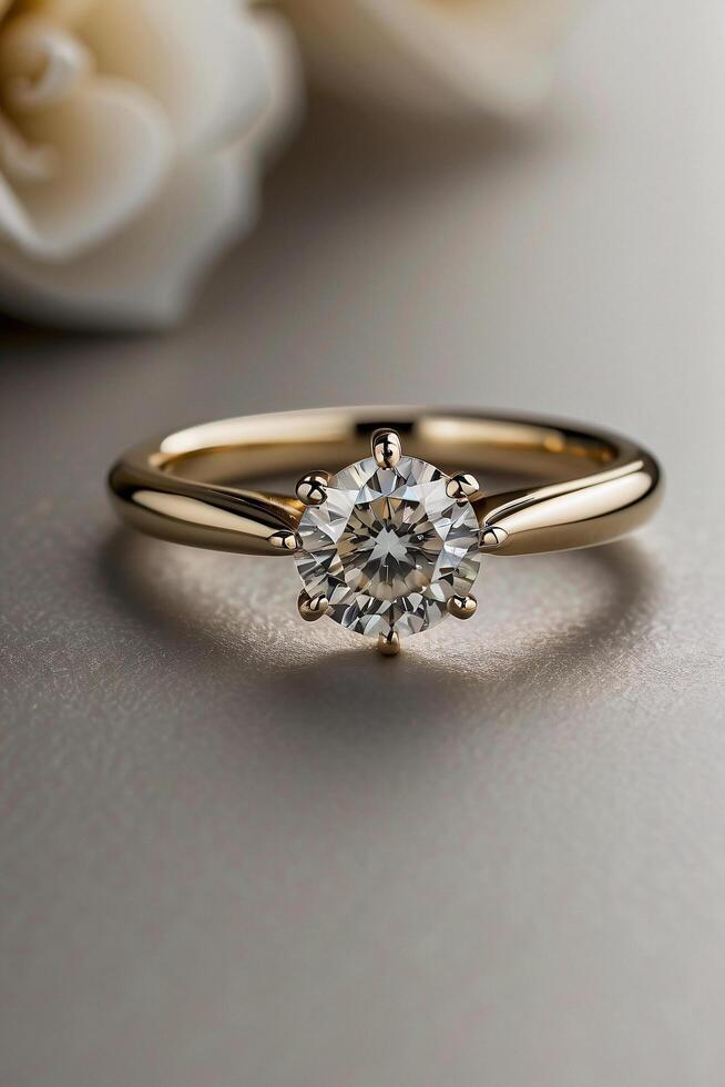 an elegant diamond engagement ring with a prominent solitaire, set on a slender gold band. The textured grey background adds a touch of sophistication photo
