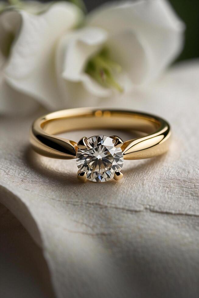 an elegant diamond engagement ring with a prominent solitaire, set on a slender gold band. The textured grey background adds a touch of sophistication photo