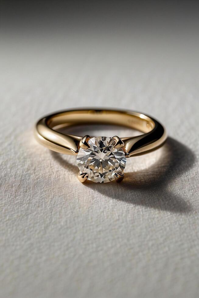 an elegant diamond engagement ring with a prominent solitaire, set on a slender gold band. The textured grey background adds a touch of sophistication photo