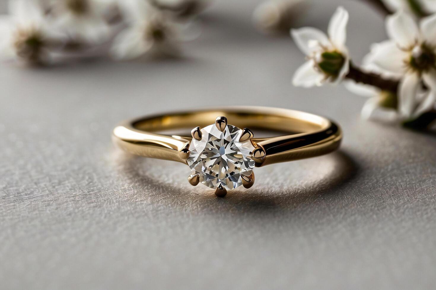 an elegant diamond engagement ring with a prominent solitaire, set on a slender gold band. The textured grey background adds a touch of sophistication photo