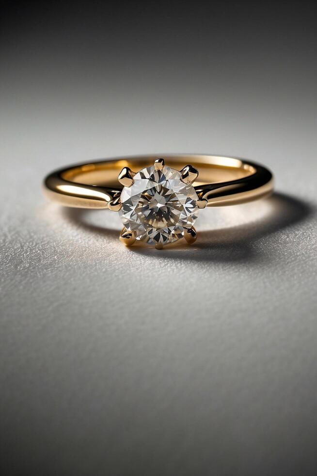 an elegant diamond engagement ring with a prominent solitaire, set on a slender gold band. The textured grey background adds a touch of sophistication photo