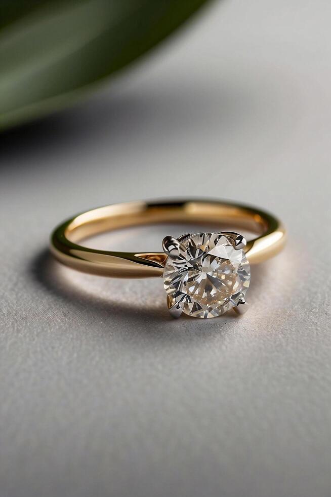 an elegant diamond engagement ring with a prominent solitaire, set on a slender gold band. The textured grey background adds a touch of sophistication photo