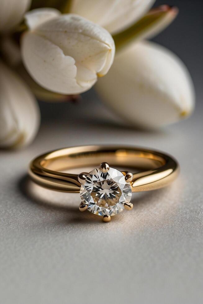 an elegant diamond engagement ring with a prominent solitaire, set on a slender gold band. The textured grey background adds a touch of sophistication photo