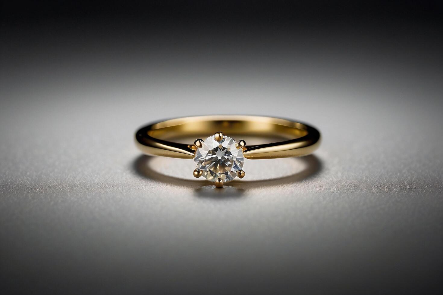 an elegant diamond engagement ring with a prominent solitaire, set on a slender gold band. The textured grey background adds a touch of sophistication photo