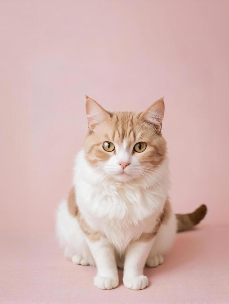 A cat sits against a plain background photo