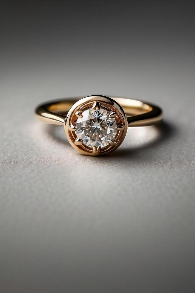 an elegant diamond engagement ring with a prominent solitaire, set on a slender gold band. The textured grey background adds a touch of sophistication photo