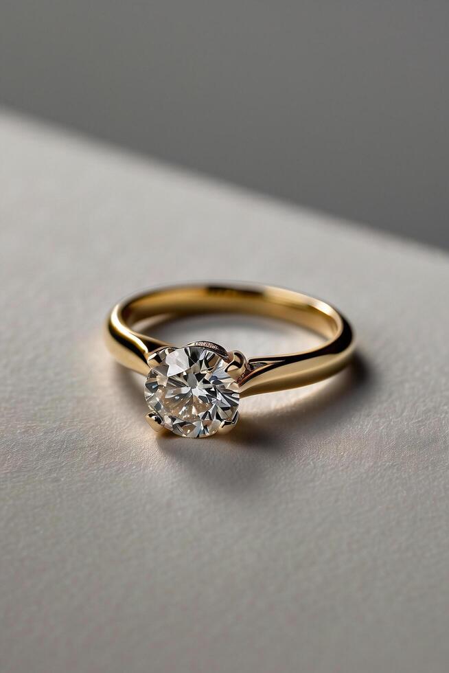 an elegant diamond engagement ring with a prominent solitaire, set on a slender gold band. The textured grey background adds a touch of sophistication photo