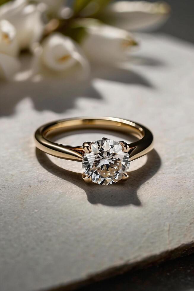 an elegant diamond engagement ring with a prominent solitaire, set on a slender gold band. The textured grey background adds a touch of sophistication photo