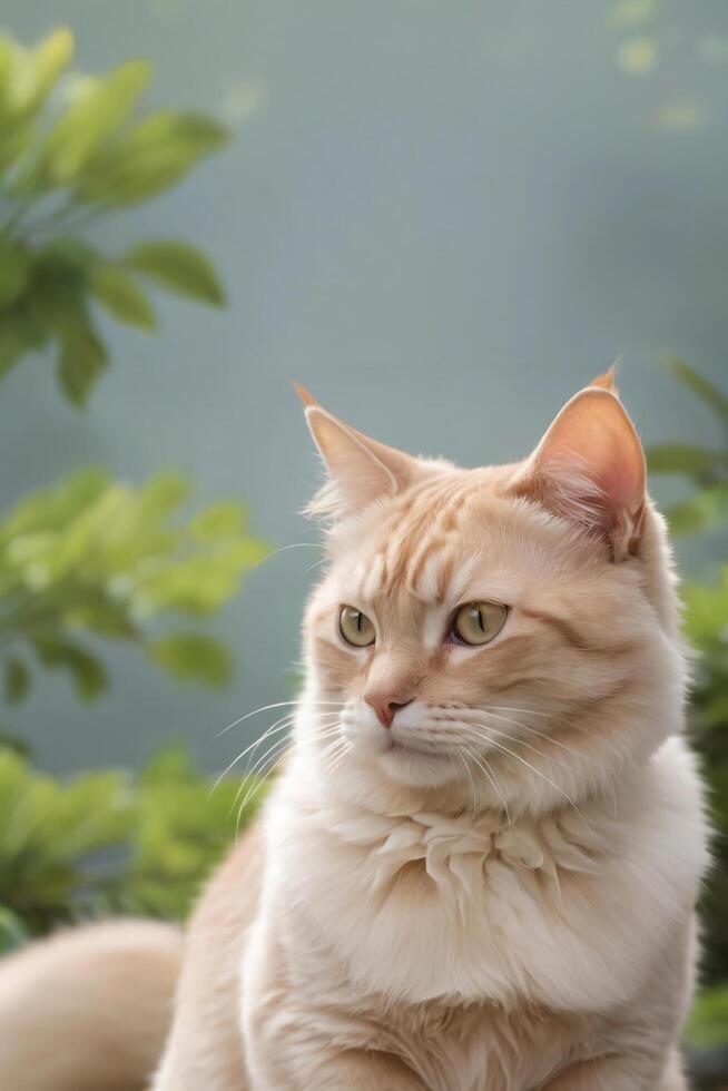 A cat sits against a plain background photo