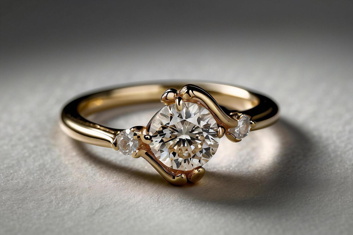 an elegant diamond engagement ring with a prominent solitaire, set on a slender gold band. The textured grey background adds a touch of sophistication photo