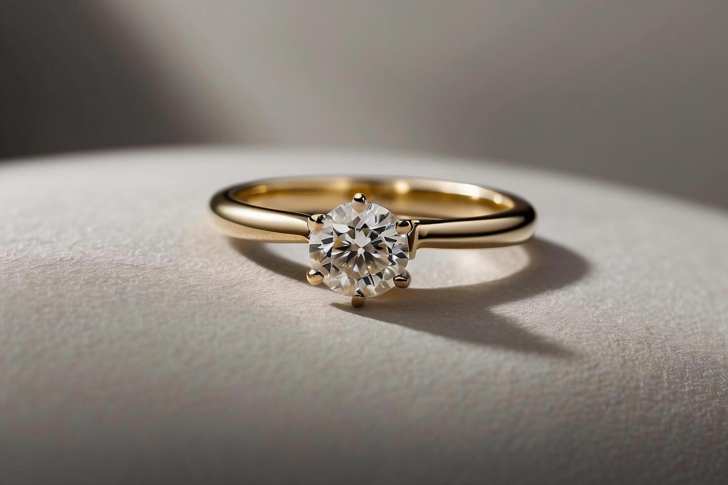 an elegant diamond engagement ring with a prominent solitaire, set on a slender gold band. The textured grey background adds a touch of sophistication photo