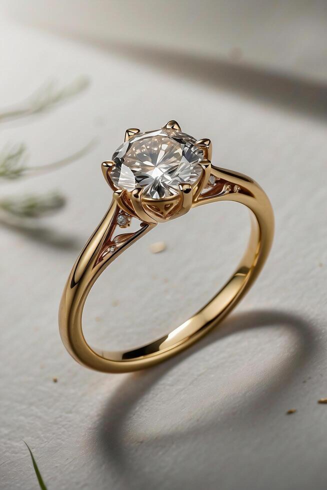 an elegant diamond engagement ring with a prominent solitaire, set on a slender gold band. The textured grey background adds a touch of sophistication photo