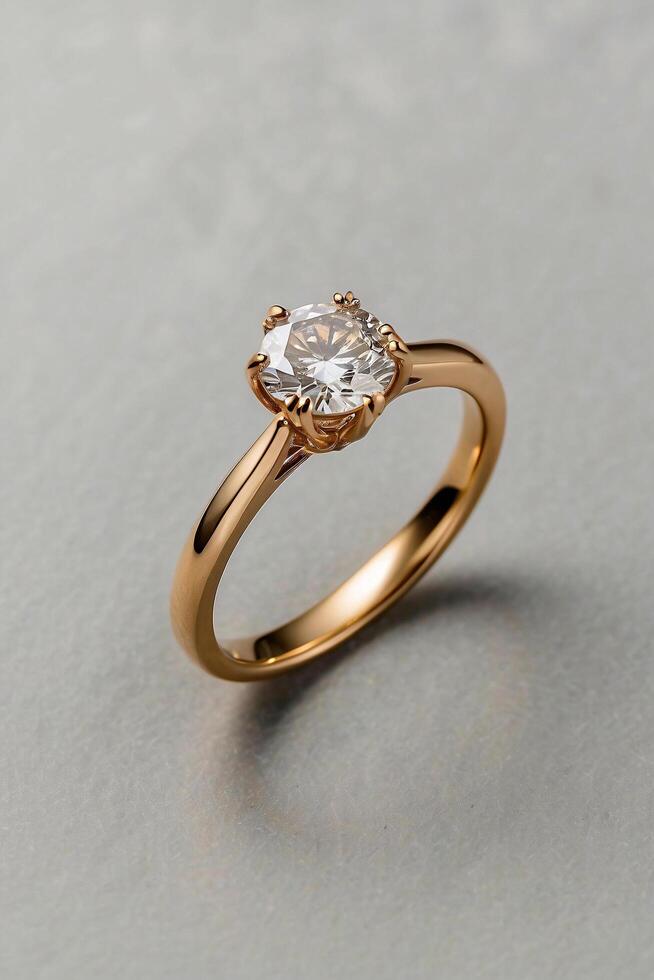 an elegant diamond engagement ring with a prominent solitaire, set on a slender gold band. The textured grey background adds a touch of sophistication photo