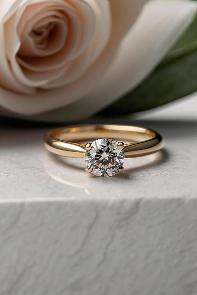 an elegant diamond engagement ring with a prominent solitaire, set on a slender gold band. The textured grey background adds a touch of sophistication photo