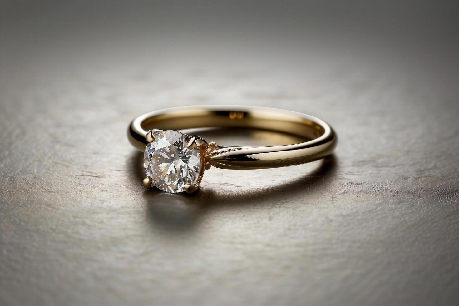 an elegant diamond engagement ring with a prominent solitaire, set on a slender gold band. The textured grey background adds a touch of sophistication photo