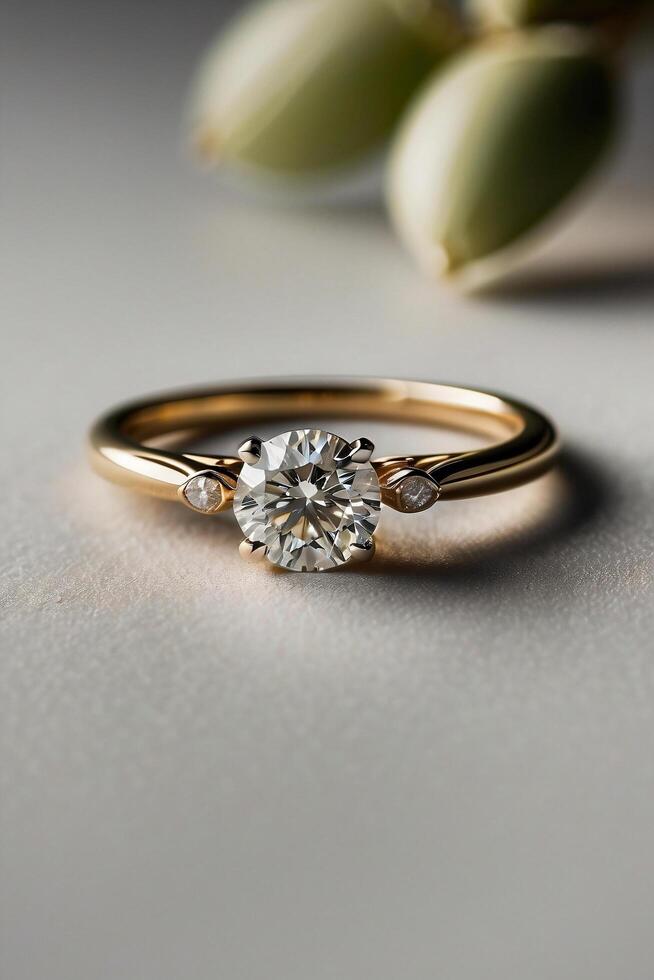 an elegant diamond engagement ring with a prominent solitaire, set on a slender gold band. The textured grey background adds a touch of sophistication photo