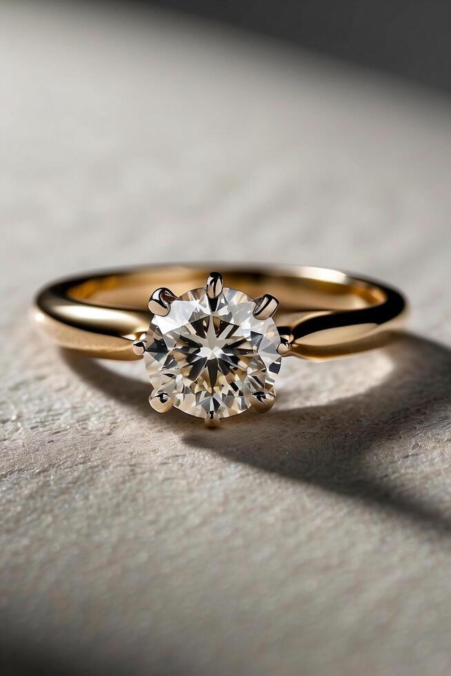 an elegant diamond engagement ring with a prominent solitaire, set on a slender gold band. The textured grey background adds a touch of sophistication photo