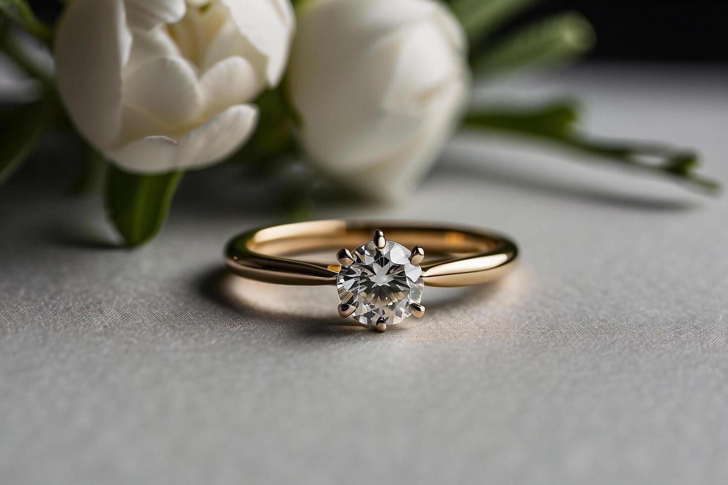 an elegant diamond engagement ring with a prominent solitaire, set on a slender gold band. The textured grey background adds a touch of sophistication photo