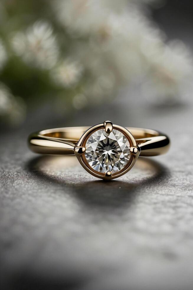 an elegant diamond engagement ring with a prominent solitaire, set on a slender gold band. The textured grey background adds a touch of sophistication photo