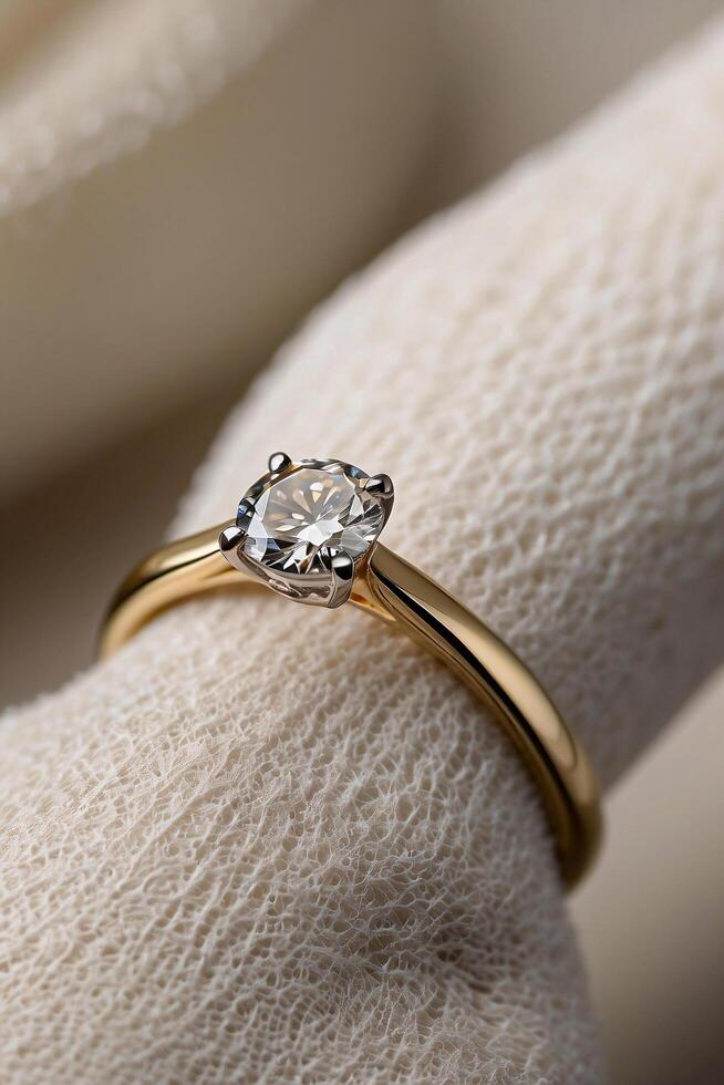 an elegant diamond engagement ring with a prominent solitaire, set on a slender gold band. The textured grey background adds a touch of sophistication photo