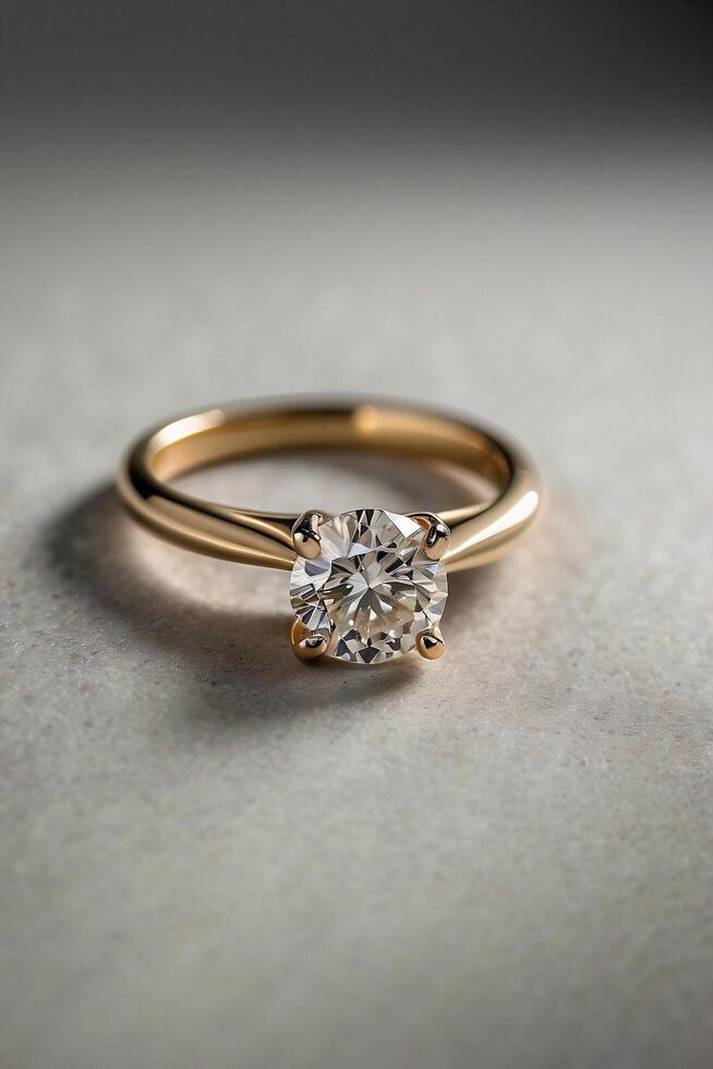 an elegant diamond engagement ring with a prominent solitaire, set on a slender gold band. The textured grey background adds a touch of sophistication photo