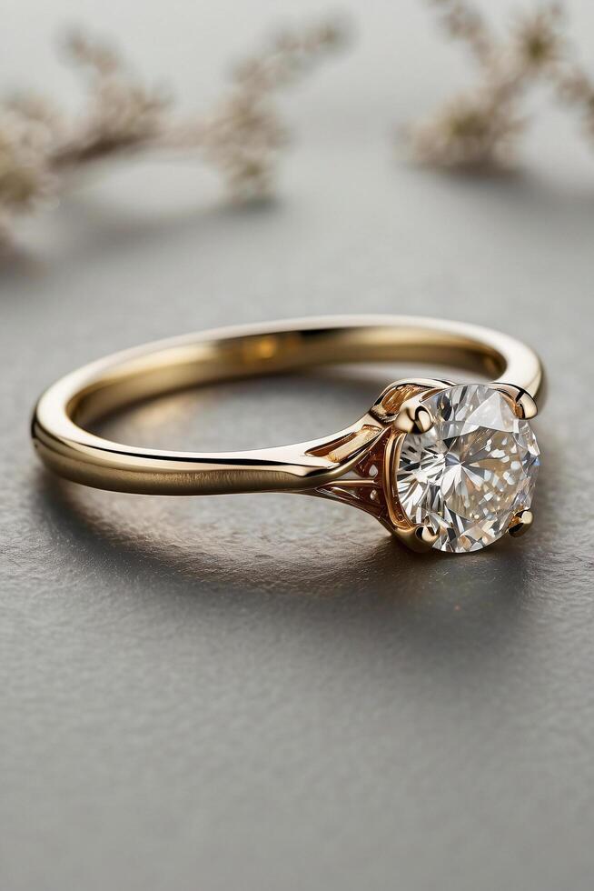 an elegant diamond engagement ring with a prominent solitaire, set on a slender gold band. The textured grey background adds a touch of sophistication photo