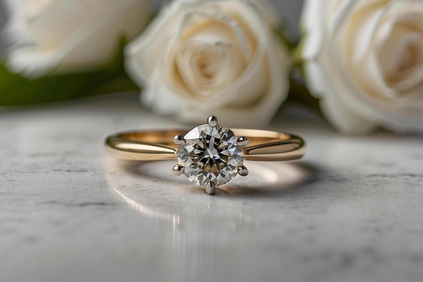 an elegant diamond engagement ring with a prominent solitaire, set on a slender gold band. The textured grey background adds a touch of sophistication photo