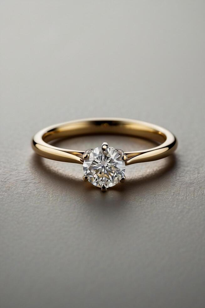 an elegant diamond engagement ring with a prominent solitaire, set on a slender gold band. The textured grey background adds a touch of sophistication photo
