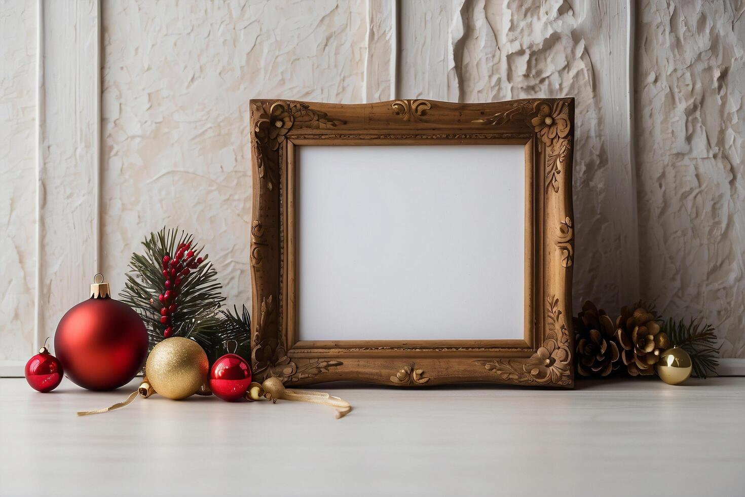 The festive wooden frame showcases a delightful Christmas scene with colorful ornaments and a charming tree figurine. photo
