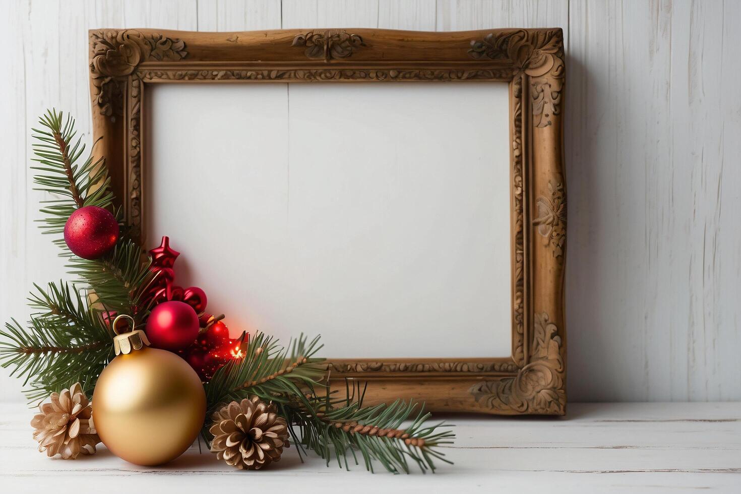 The festive wooden frame showcases a delightful Christmas scene with colorful ornaments and a charming tree figurine. photo