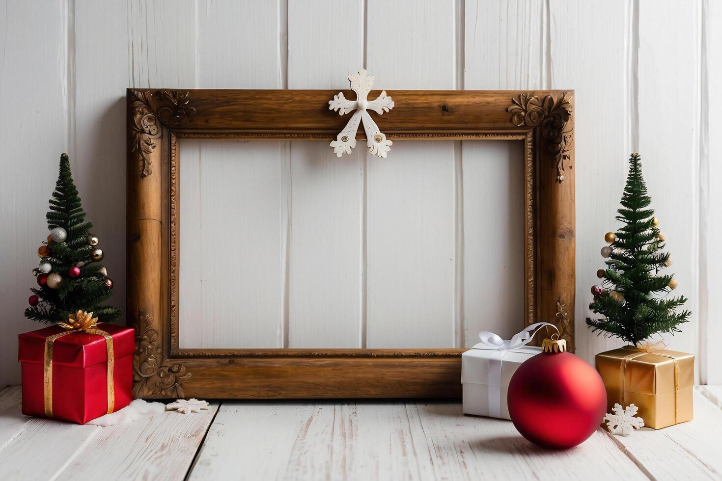 The festive wooden frame showcases a delightful Christmas scene with colorful ornaments and a charming tree figurine. photo