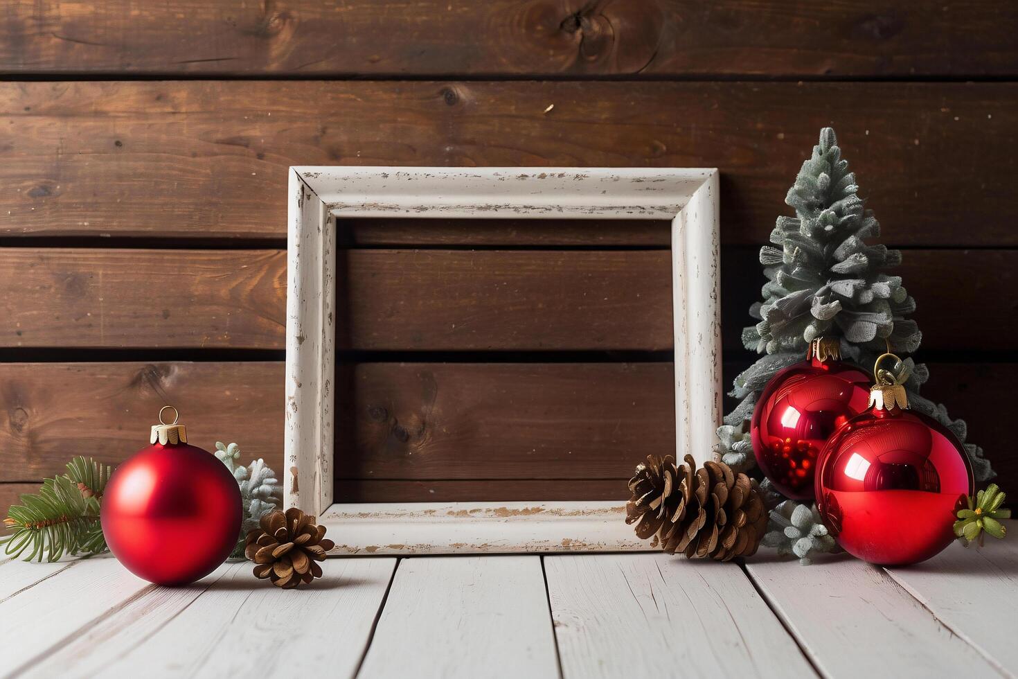 The festive wooden frame showcases a delightful Christmas scene with colorful ornaments and a charming tree figurine. photo