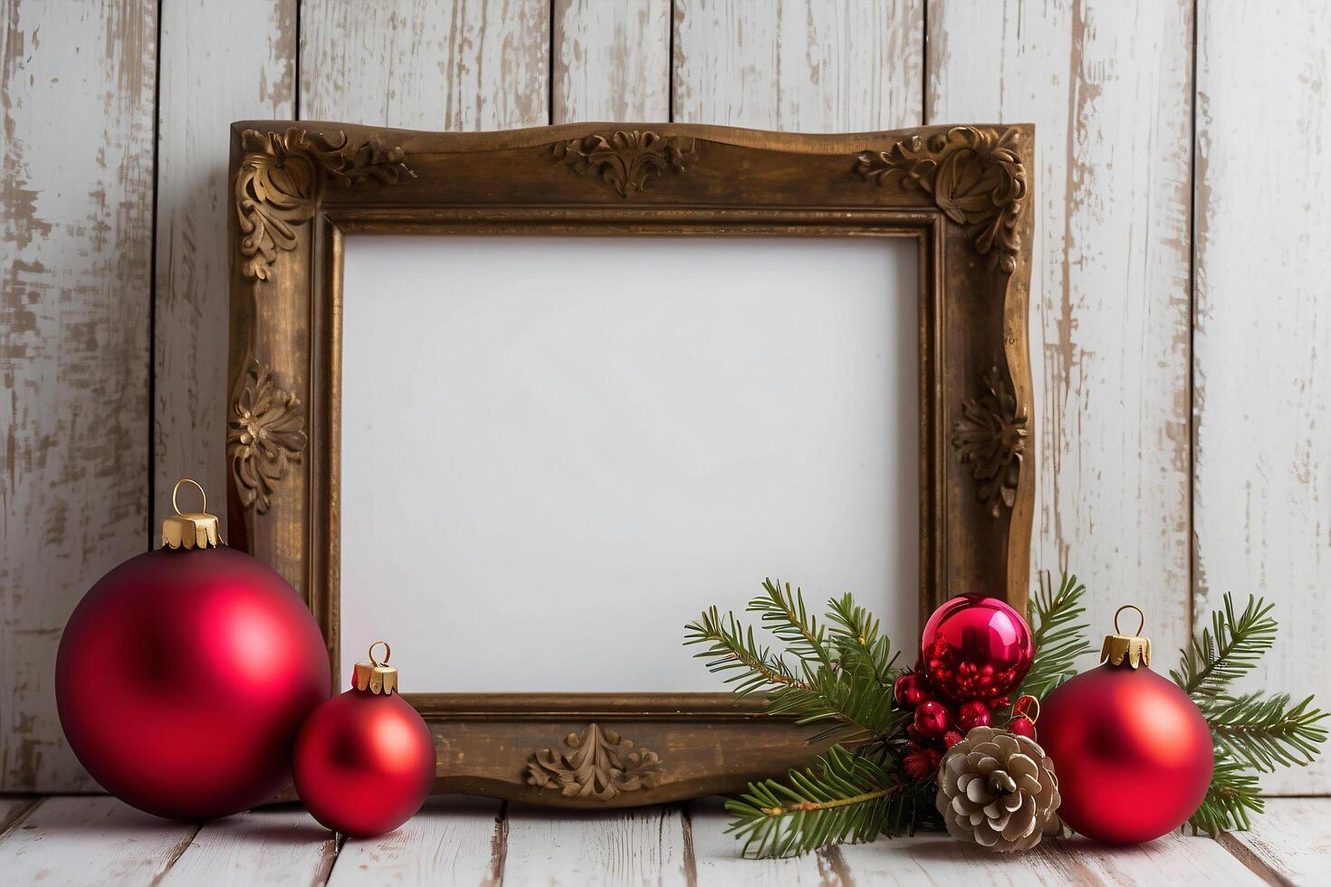 The festive wooden frame showcases a delightful Christmas scene with colorful ornaments and a charming tree figurine. photo