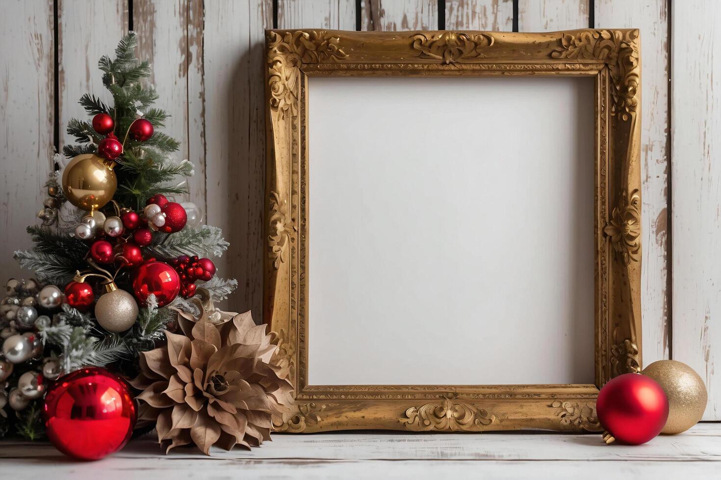 The festive wooden frame showcases a delightful Christmas scene with colorful ornaments and a charming tree figurine. photo