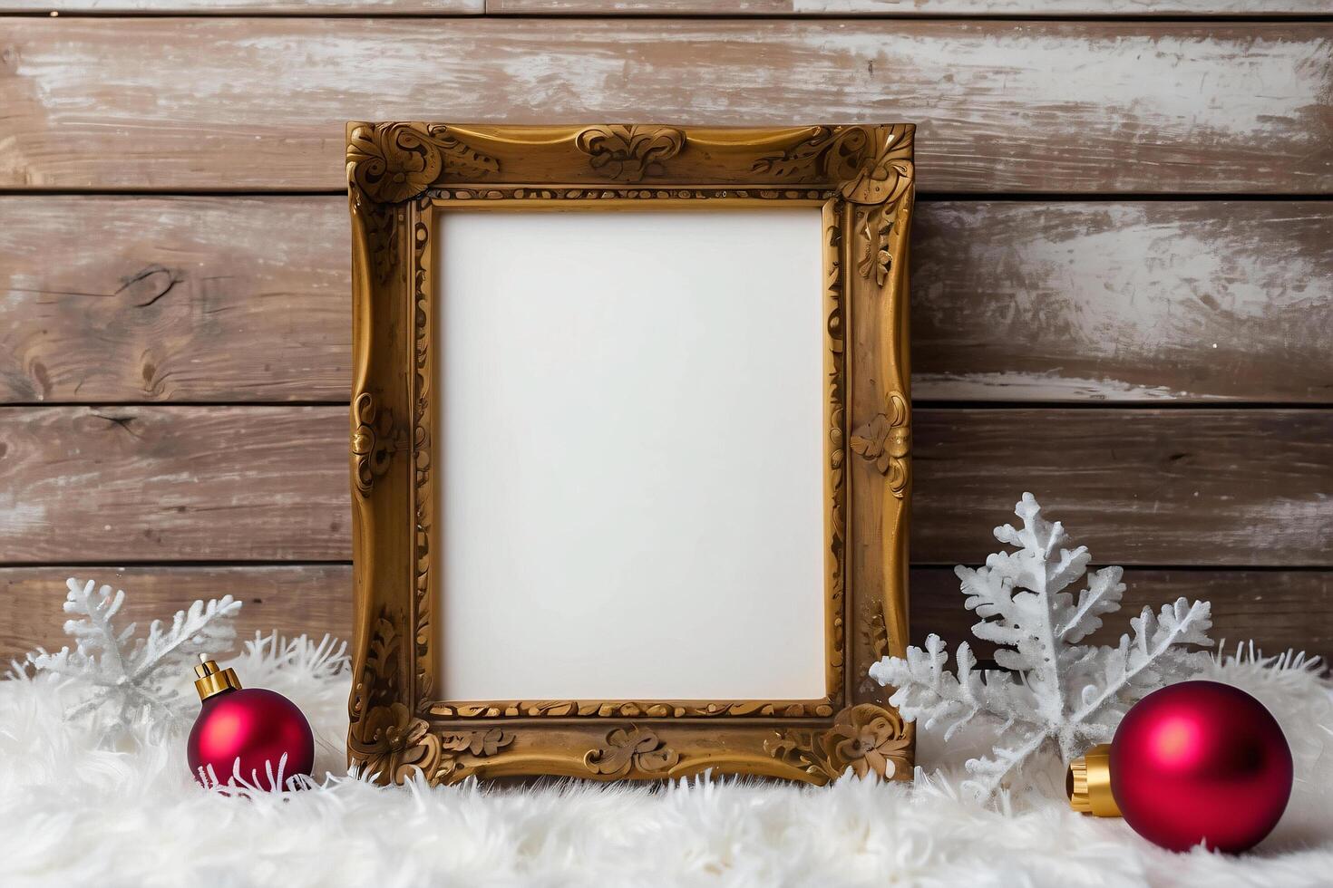 The festive wooden frame showcases a delightful Christmas scene with colorful ornaments and a charming tree figurine. photo