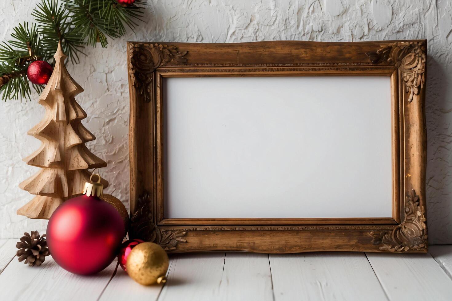 The festive wooden frame showcases a delightful Christmas scene with colorful ornaments and a charming tree figurine. photo