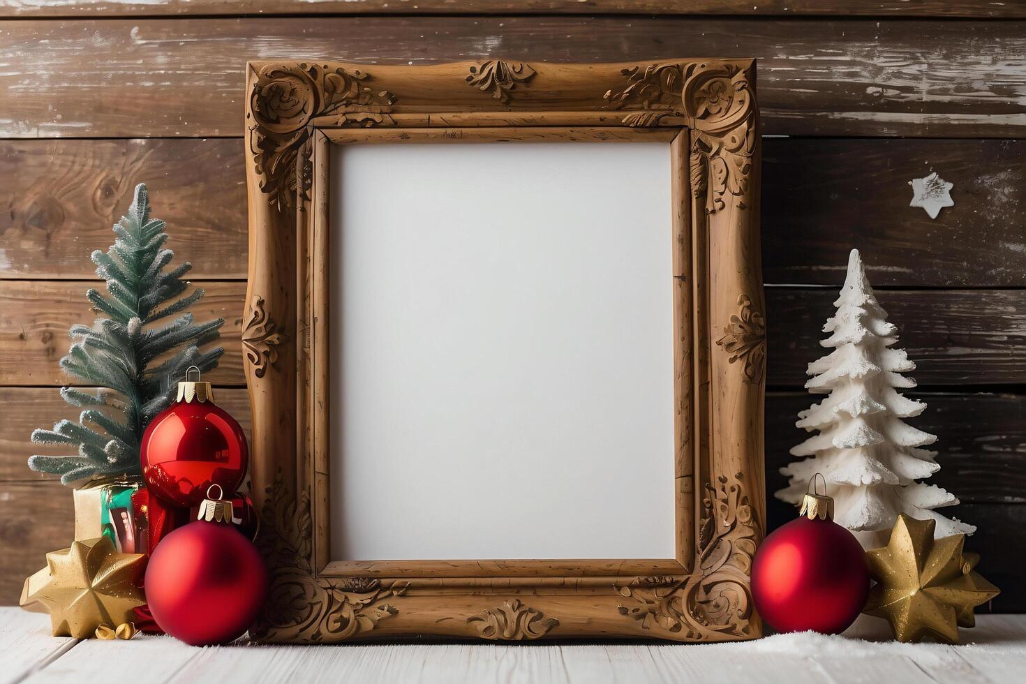 The festive wooden frame showcases a delightful Christmas scene with colorful ornaments and a charming tree figurine. photo