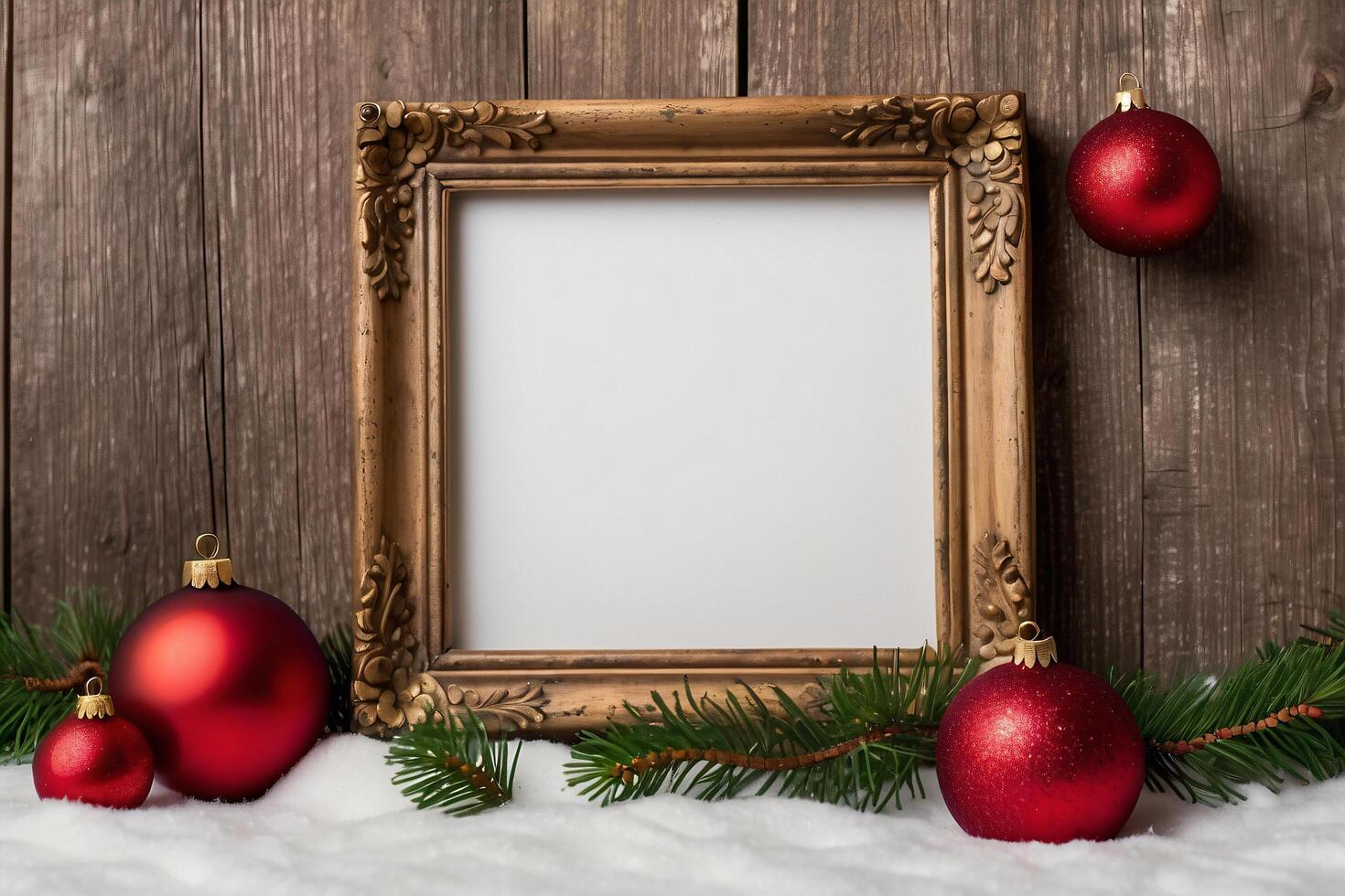 The festive wooden frame showcases a delightful Christmas scene with colorful ornaments and a charming tree figurine. photo