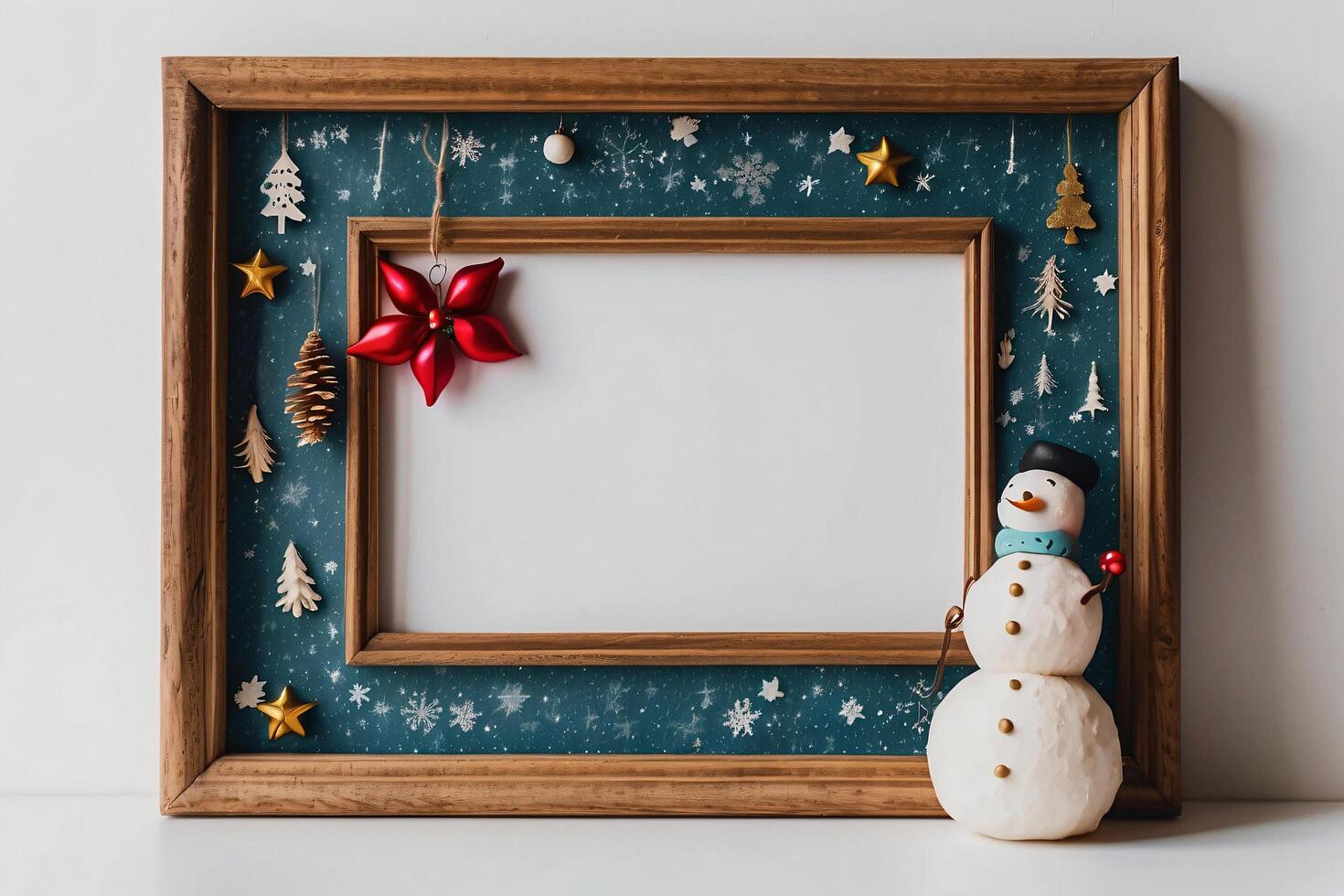 The festive wooden frame showcases a delightful Christmas scene with colorful ornaments and a charming tree figurine. photo