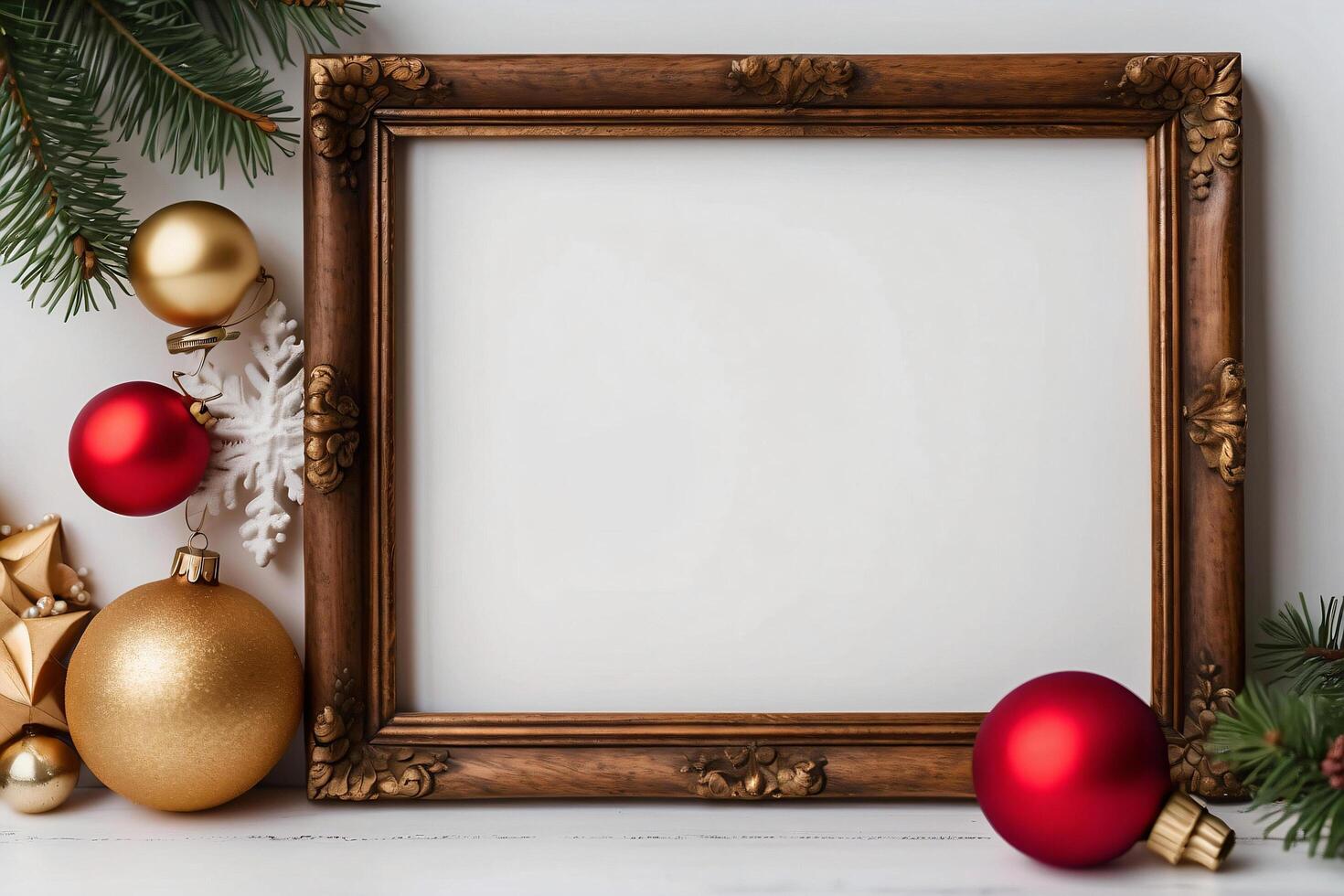 The festive wooden frame showcases a delightful Christmas scene with colorful ornaments and a charming tree figurine. photo