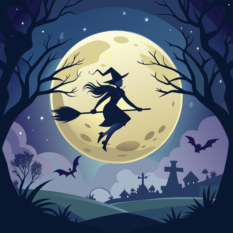 A glowing full moon with a silhouette of a witch flying on a broomstick. vector
