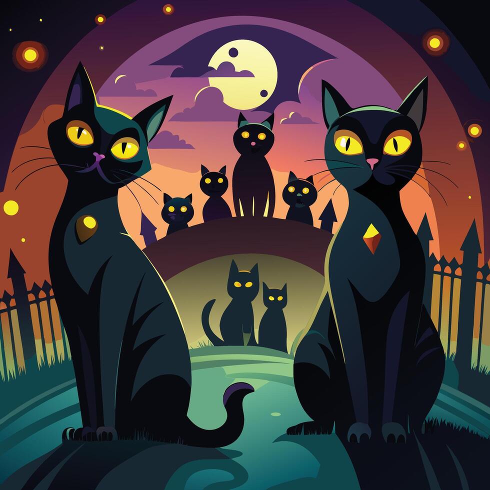 Mysterious black cats with arched backs and glowing eyes, often seen as Halloween symbols. vector