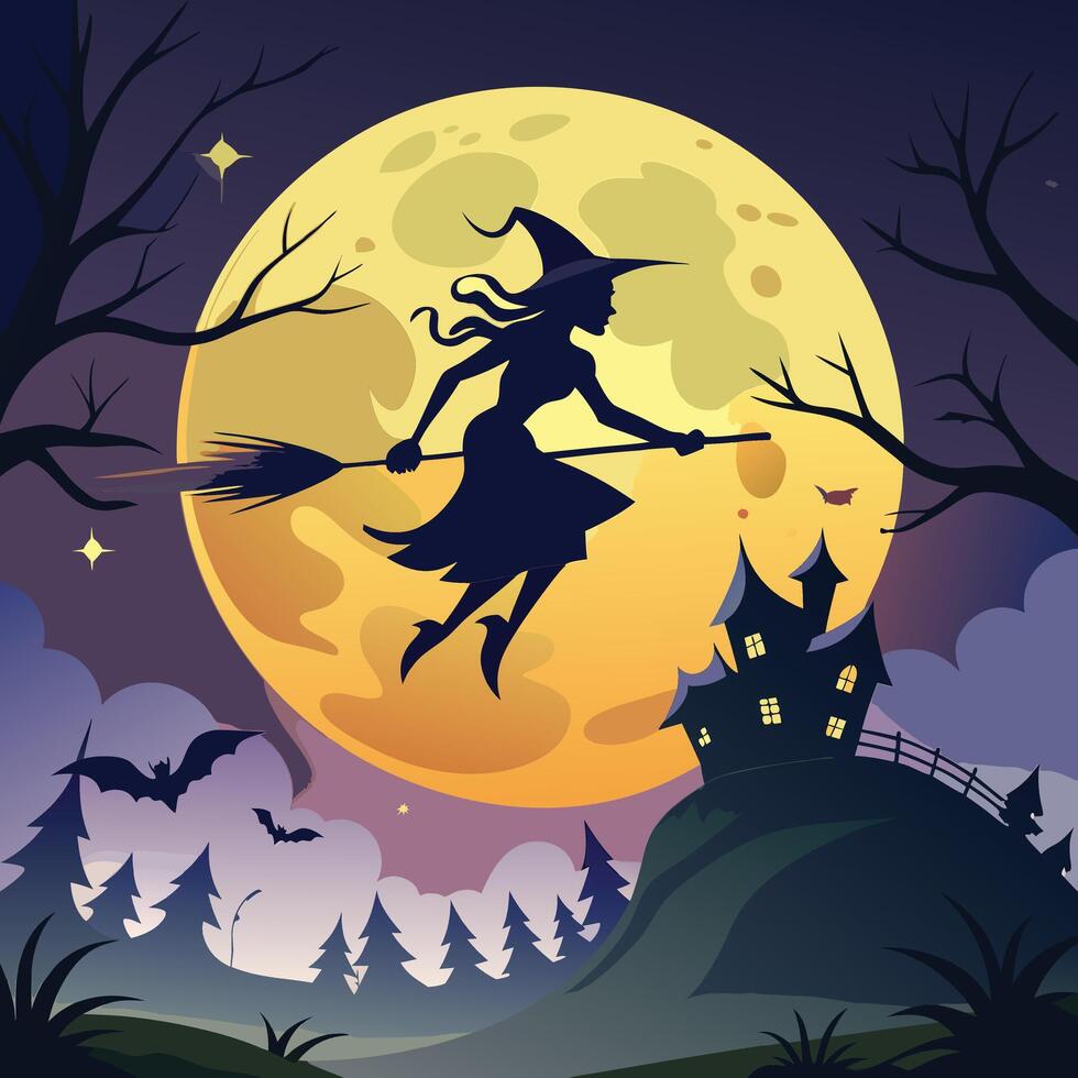 A glowing full moon with a silhouette of a witch flying on a broomstick. vector