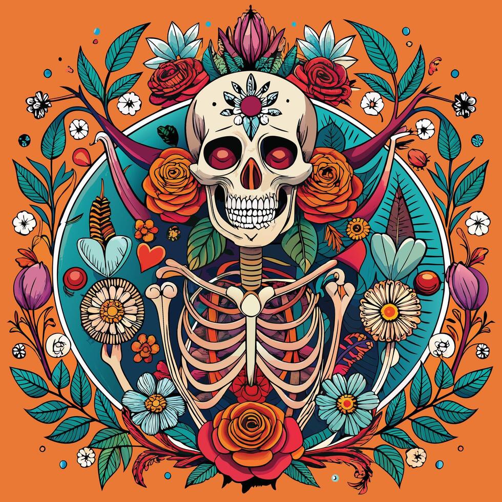 Artistic representations of skeletons and skulls, some decorated with flowers or intricate patterns. vector